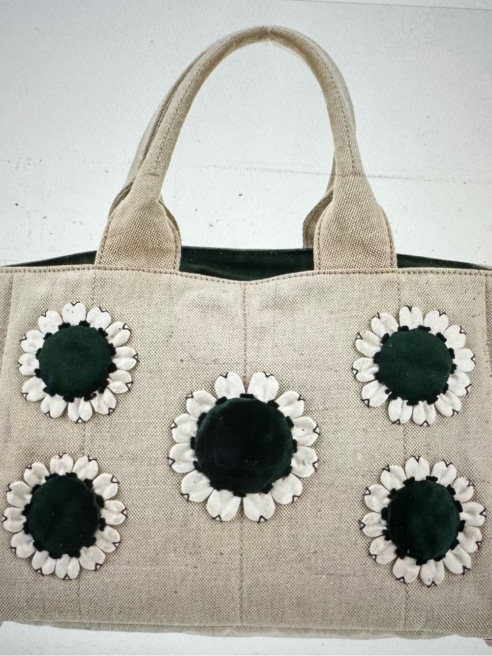 Prada Beige Canvas Tote with Dark Green Floral Medallions
